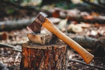 Poster - Axe in stump ready to chop timber Woodworking tool for lumberjack Travel adventure camping gear for outdoors