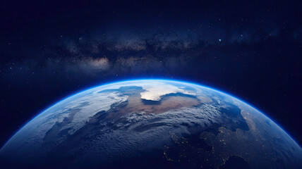 Stunning view of Earth from space illuminated by radiant blue light, showcasing the planet's beauty against the vast cosmos, highlighting the contrast between Earth's luminance