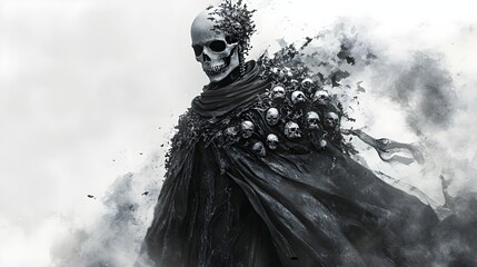 A skeletal prince in a tattered cape, adorned with intricate Halloween party masks, dark fantasy illustration, eerie atmosphere, isolated on white background