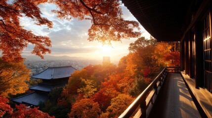 The vibrant autumn foliage surrounding Japan Kyoto temples, creating a scene of natural beauty