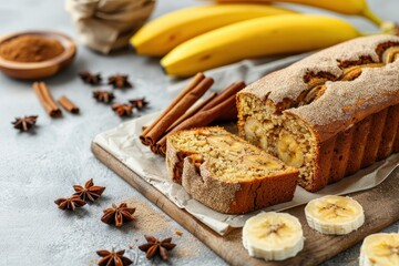 Wall Mural - Banana bread with cinnamon on light background Focus on bread Room for text