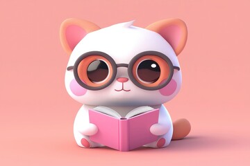 Canvas Print - Cute Cat Reading a Book with Glasses