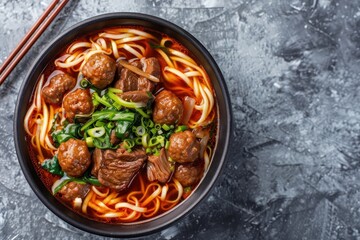 Canvas Print - Beef and meatball noodle soup on table