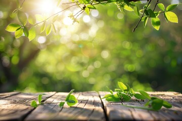 Wall Mural - Beautiful spring outdoor background with green foliage empty wooden table bokeh and sunlight