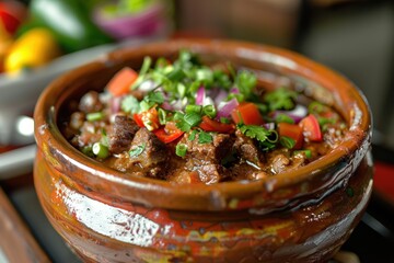 Canvas Print - Beef chilli in clay pot