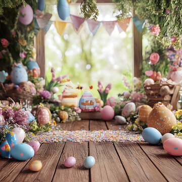 Colorful Easter celebration studio background featuring eggs and spring elements picture