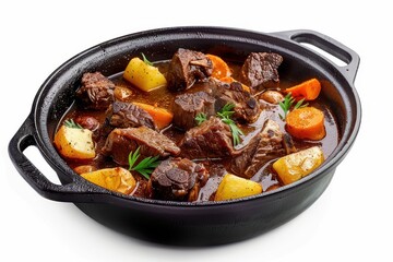 Wall Mural - Beef stew with vegetables in cast iron pan white background