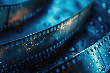 A close-up view of a film strip with water droplets on its surface