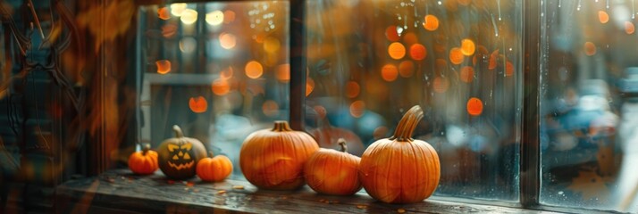 Wall Mural - Halloween pumpkins showcased in windows with bokeh effect