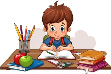 Sticker - A boy sits at his desk with a book and pencils, focused on his studies