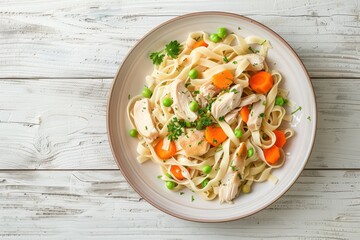 Poster - Bird s eye view of chicken noodle soup on light wood with text space