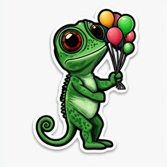 Canvas Print - Cute Cartoon Green Chameleon Holding Balloons