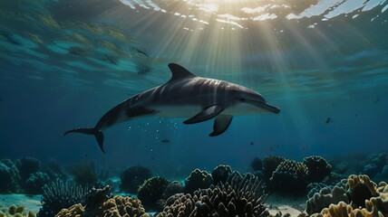 Dolphins swimming gracefully in the sea with marine life background