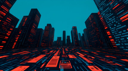 Wall Mural - Futuristic Cityscape with Red and Blue Neon Lights: Perfect for Tech and Sci-Fi Designs