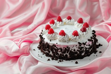 Poster - Black Forest Cake on white plate with pink fabric backdrop