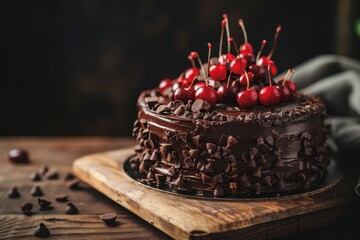 Wall Mural - Black Forest chocolate cake on wooden surface