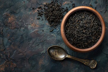 Poster - Black tea leaves in a clay bowl and vintage spoon on dark background Large and small leaves