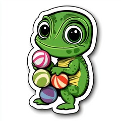 Wall Mural - Cute Cartoon Green Lizard Holding Colorful Balls Sticker