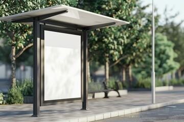 Blank vertical billboard mockup at a bus stop shelter on main road