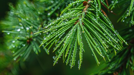 Poster - Close-up view of a pine tree with water droplets on the needles, great for use in nature or environmental themed projects