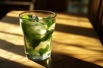 Refreshing Mint Drink with Ice Cubes in Glass on Wooden Table