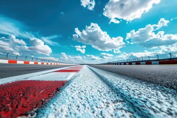 Wall Mural - Blue sky with fluffy white clouds over a car racing track on a sunny day