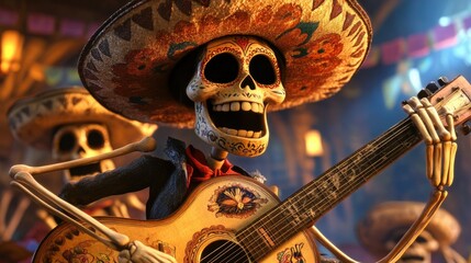 Vibrant Dia de los Muertos scene with two skeleton musicians playing guitars, adorned with traditional sombreros