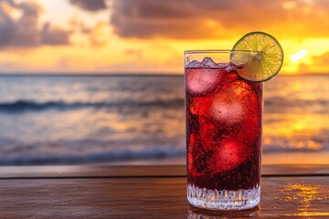 Refreshing Drink with Lime Wedge at Sunset Beach