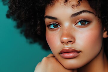 Canvas Print - Close-up Portrait of a Woman with Curly Hair and Blue Eyes