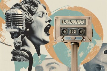 Poster - A nostalgic scene of an old-fashioned radio performance with a woman singing into a microphone