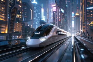 Poster - A train moves through the city streets at night, its lights illuminating the dark surroundings