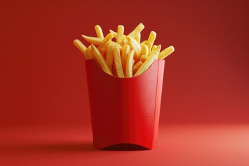 Poster - Freshly cooked french fries served in a bright red box against a matching red background