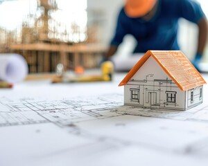 A closeup of construction blueprints with workers and scaffolding visible in the background, construction planning, project and execution