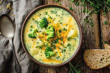 Canvas Print - Broccoli cheddar soup with potato in bowl on wooden background