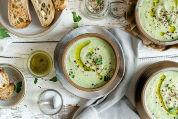 Canvas Print - Broccoli cream soup with olive oil pepper and toasted bread on rustic white table