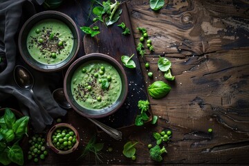 Wall Mural - Broccoli cream soup with vegetables and fresh pea shoots