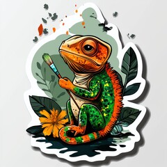 Sticker - Chameleon Artist Painting with a Brush