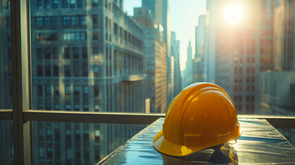 Wall Mural - A yellow construction helmet on table