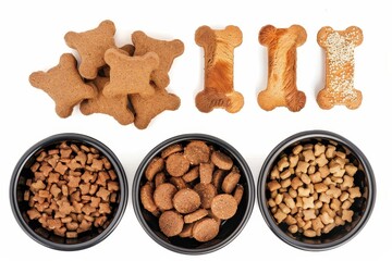 Poster - Brown biscuit bones and organic kibble in metal bowl on white background Healthy pet food