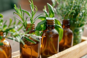 Poster - Brown bottles with herbs and oil