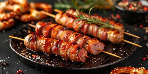 Skewers featuring grilled pork sausages enveloped in smoked English bacon succulent German salami wurst baked in the oven presented on a sleek black round plate with pretzels on the table