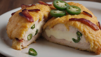 Sticker - jalapeno popper stuffed chicken filled with diced jalapenos, cream cheese, cheddar cheese, and bacon