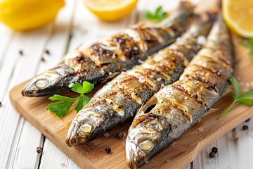 Poster - Tasty grilled sardines on wooden kitchen board