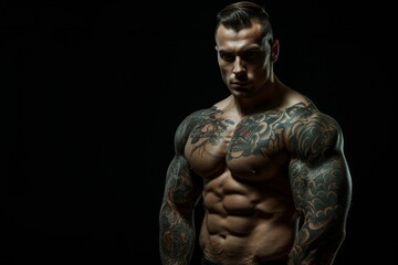 Poster - Tattooed bodybuilder flexes muscles on black backdrop