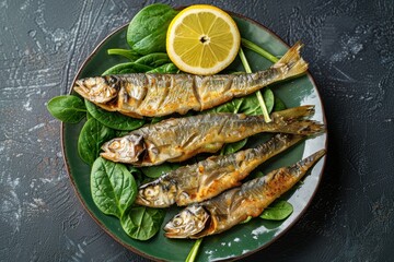 Vegetarian dish fried sardines on spinach leaves served on a green plate on a dark background