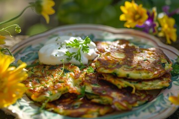 Canvas Print - Vegetarian zucchini pancakes accompanied by herbs and sour cream