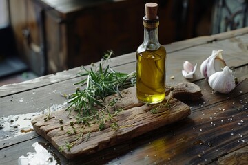 Wall Mural - Virgin olive oil garlic and herbs on a wooden board