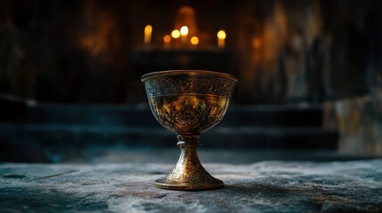 Ornate Chalice in Candlelit Church Interior