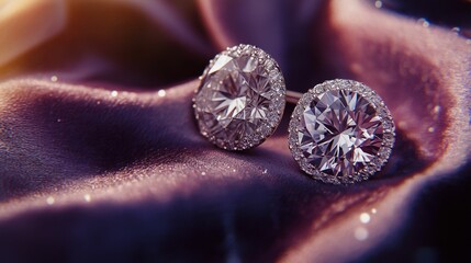 Wall Mural - Close-up of two diamond stud earrings displayed on a rich, luxurious fabric.