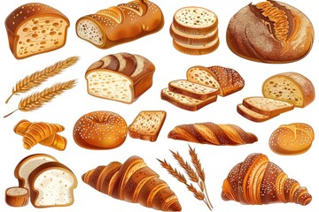 Poster - Freshly baked breads and rolls on a clean white background